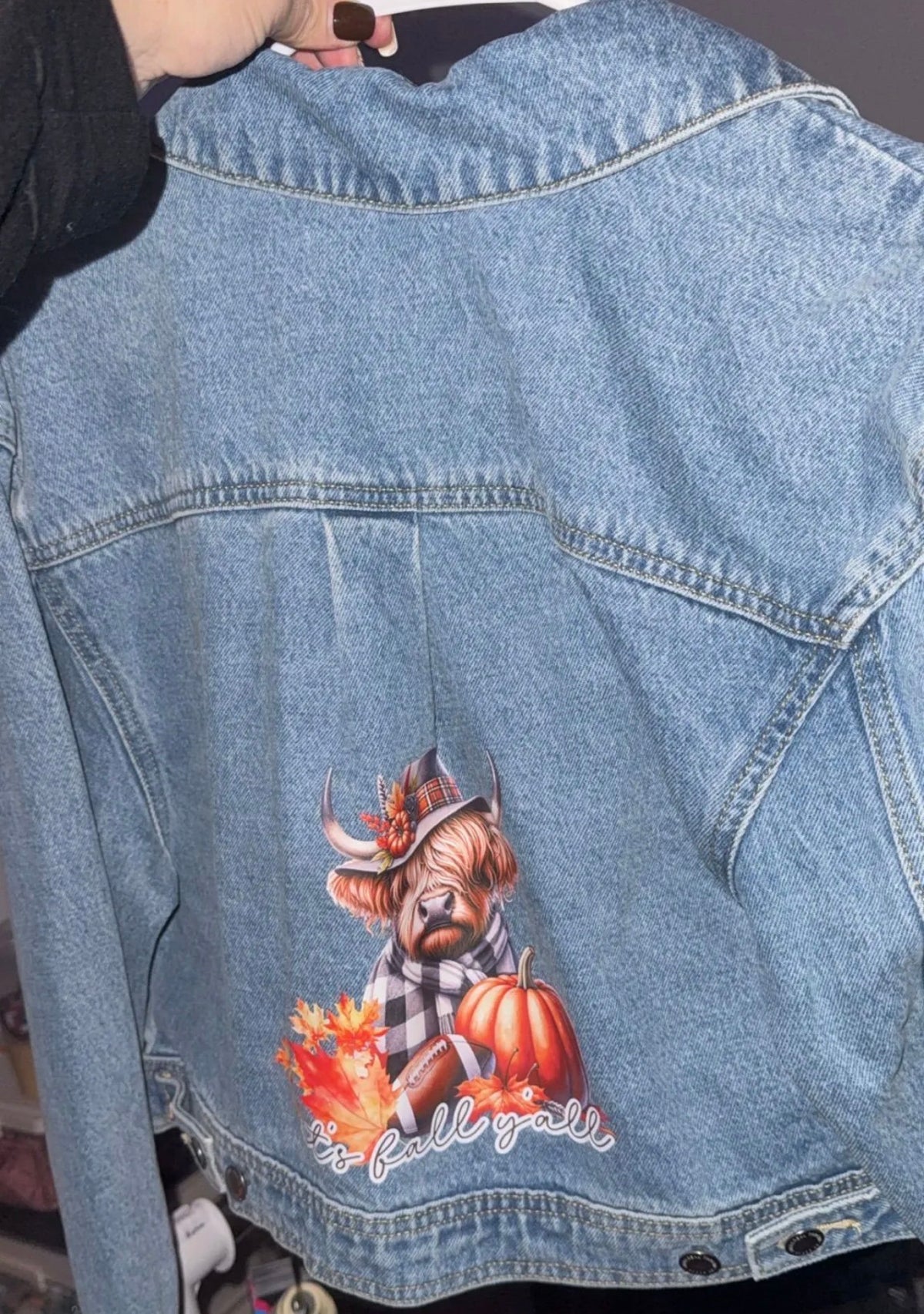 Small hyland cow upcycle Jean jacket