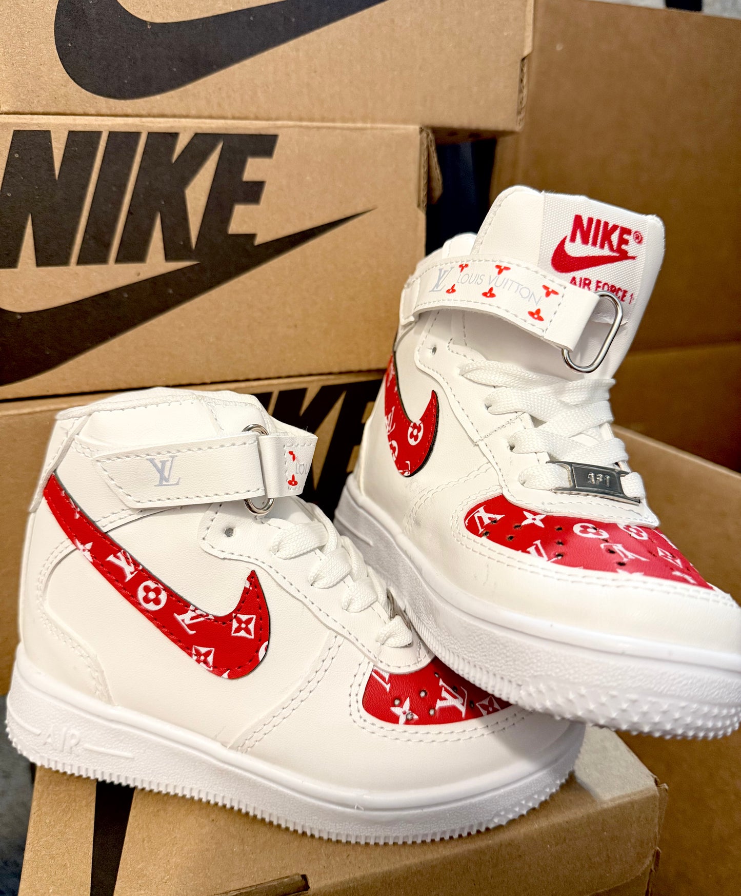Red high top tennis shoes